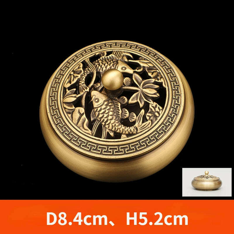 Beautiful Dragon and Phoenix Carved Copper Incense Burner Brass Incense Holder with Cover Sandalwood Round Censer Home Decor - KIMLUD