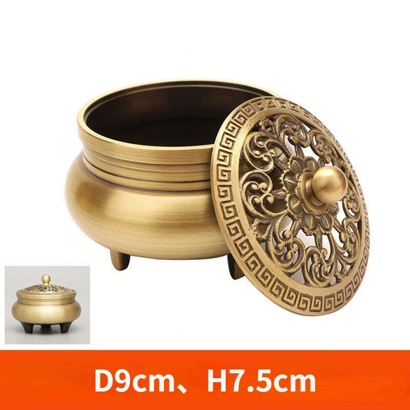 Beautiful Dragon and Phoenix Carved Copper Incense Burner Brass Incense Holder with Cover Sandalwood Round Censer Home Decor - KIMLUD