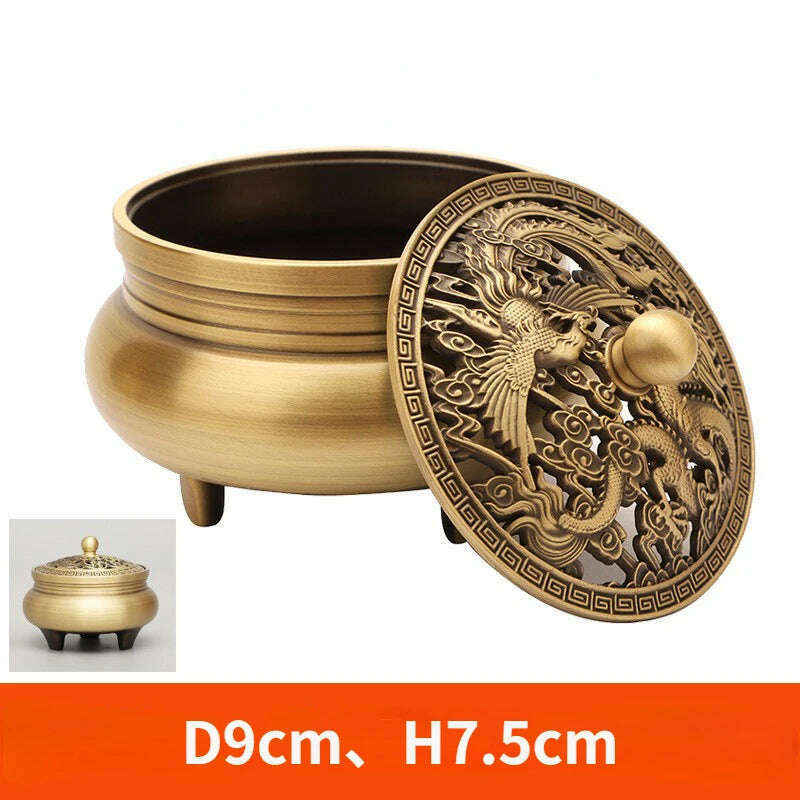 Beautiful Dragon and Phoenix Carved Copper Incense Burner Brass Incense Holder with Cover Sandalwood Round Censer Home Decor - KIMLUD