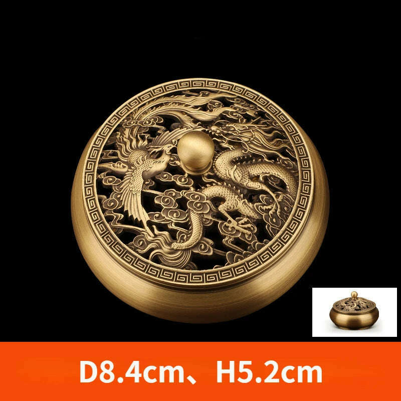 Beautiful Dragon and Phoenix Carved Copper Incense Burner Brass Incense Holder with Cover Sandalwood Round Censer Home Decor - KIMLUD