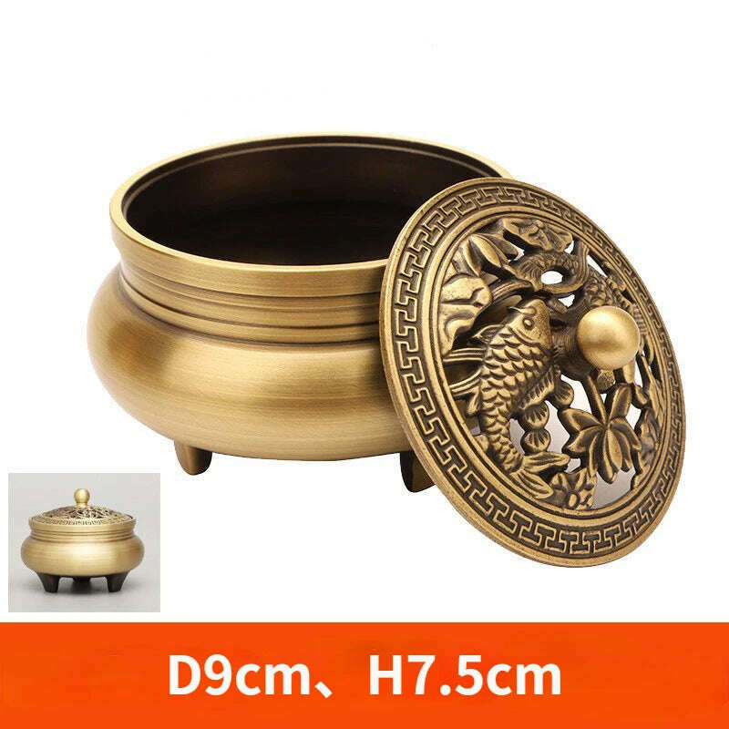 Beautiful Dragon and Phoenix Carved Copper Incense Burner Brass Incense Holder with Cover Sandalwood Round Censer Home Decor - KIMLUD