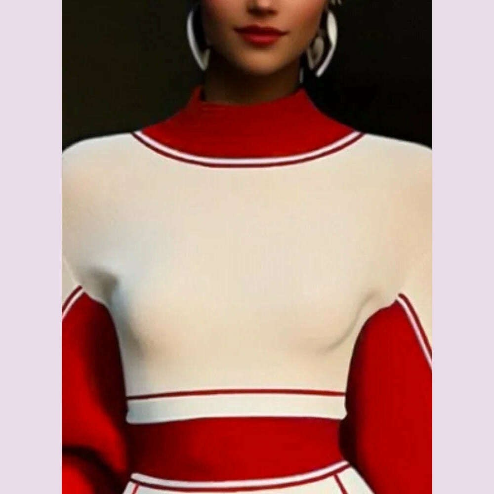 KIMLUD, Beautyblue Women Clothing Stand Collar Long Sleeves Top Autumn Contrasting Colors Striped High Neck T-Shirts Female Base Layer, KIMLUD Womens Clothes