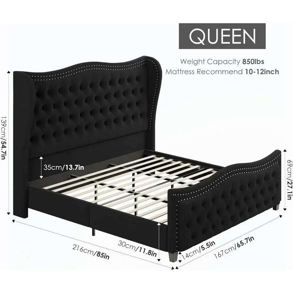 KIMLUD, Bed Frame, 55"Headboard Upholstered Bed with Tall Footbaord,Velvet Handmade Pleats Deep Button Tufted WingbackPlatform Bed, KIMLUD Womens Clothes