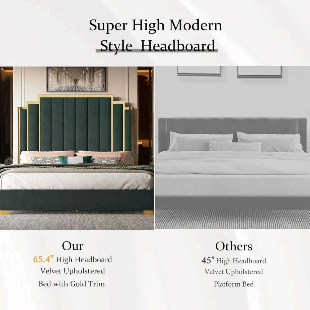 KIMLUD, Bed Frame, 61.4" Velvet Upholstered Bed with Gold Accent Headboard, Wood Slats, Queen Platform Bed, KIMLUD Womens Clothes
