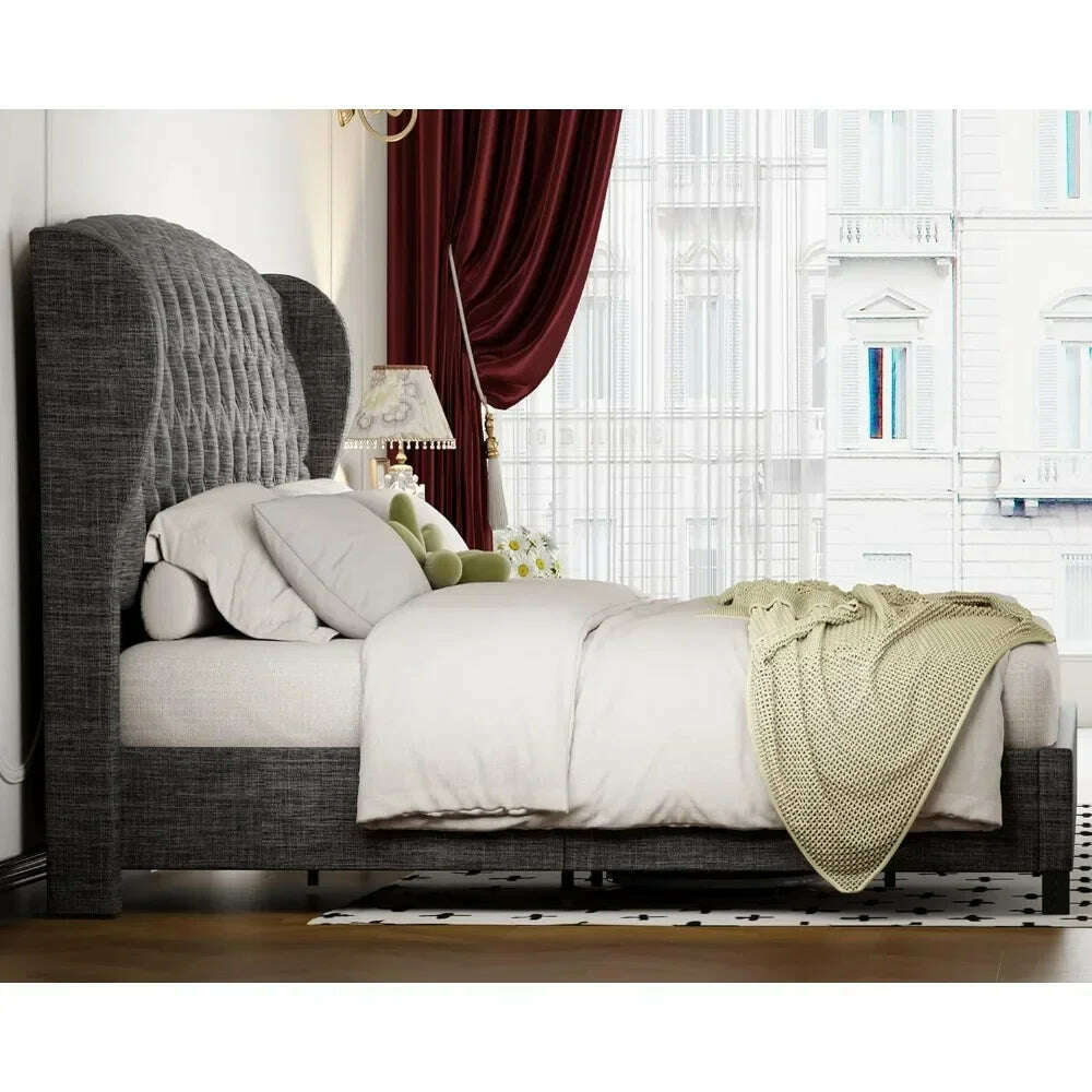 KIMLUD, Bed Frame, Linen Curved Upholstered Bed, Headboard with Shell Wingback, Deep Button Tufts, No Springs Required, Queen Bed Frame, KIMLUD Womens Clothes