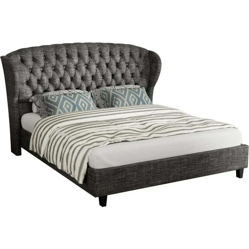 KIMLUD, Bed Frame, Linen Curved Upholstered Bed, Headboard with Shell Wingback, Deep Button Tufts, No Springs Required, Queen Bed Frame, KIMLUD Womens Clothes