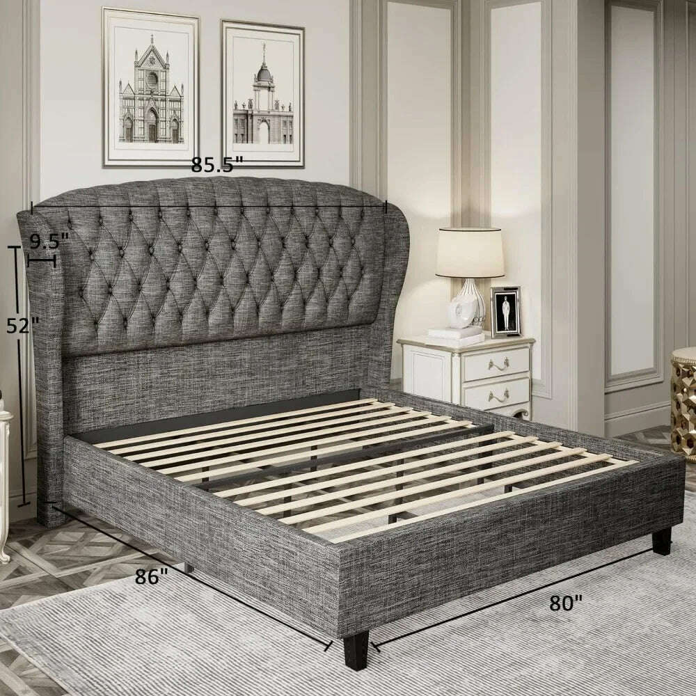 KIMLUD, Bed Frame, Linen Curved Upholstered Bed, Headboard with Shell Wingback, Deep Button Tufts, No Springs Required, Queen Bed Frame, KIMLUD Womens Clothes