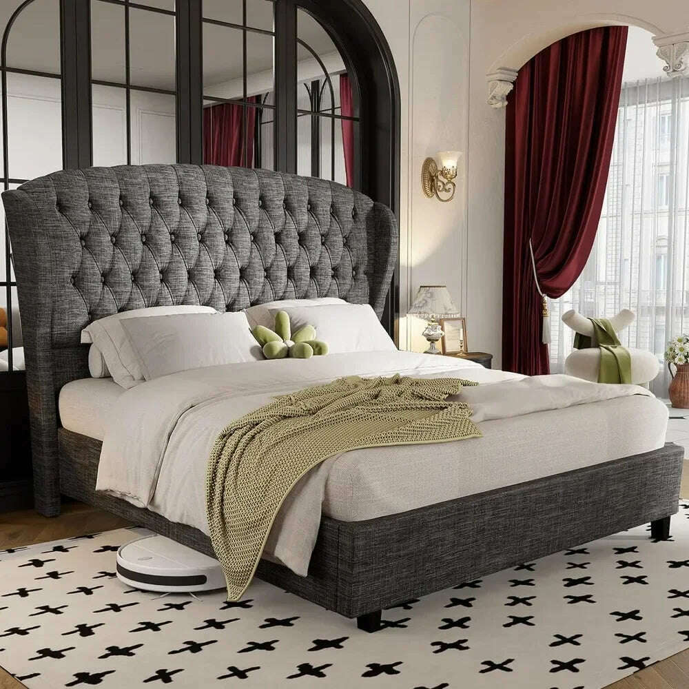 KIMLUD, Bed Frame, Linen Curved Upholstered Bed, Headboard with Shell Wingback, Deep Button Tufts, No Springs Required, Queen Bed Frame, KIMLUD Womens Clothes