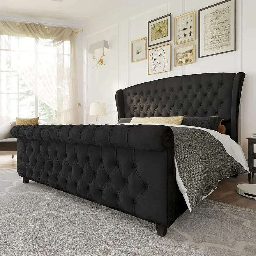 KIMLUD, Bed Frame, Velvet Upholstered, Headboard and Headboard with Rolling Wing Back, No Springs Required, Easy To Assemble, Bed Frame, Black / United States / King, KIMLUD Womens Clothes