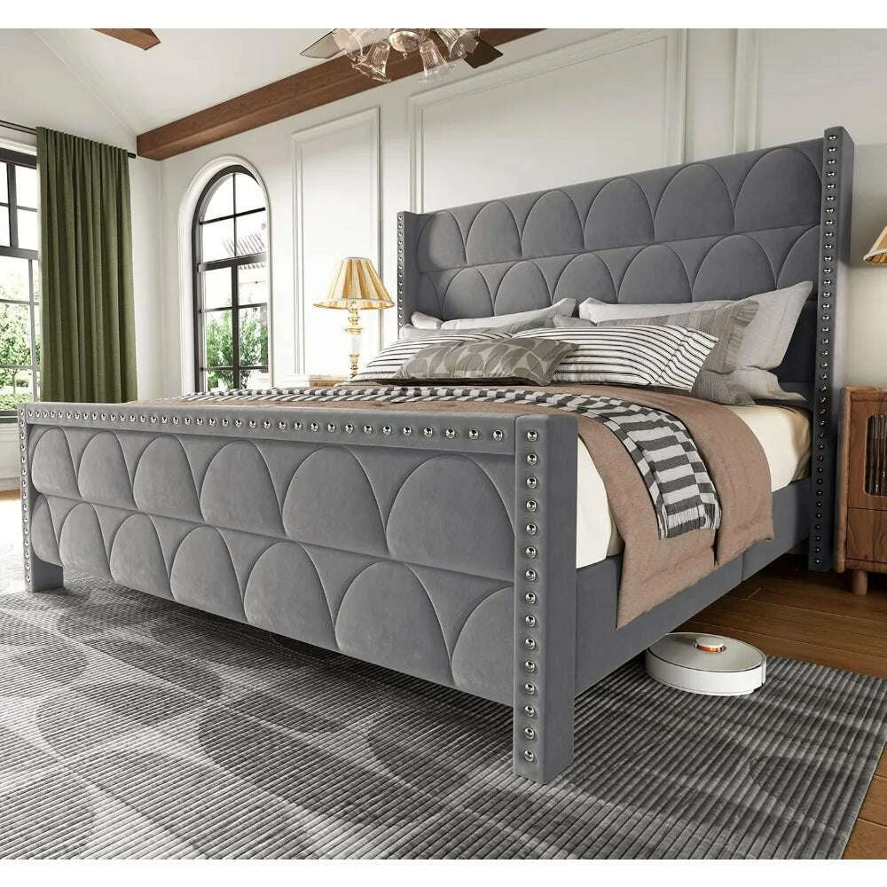 KIMLUD, Bed Frame with -1000LBS Capacity Support, Velvet Upholstered Wingback Platform Bed Frame, Noise Free, Sturdy Wooden Slat Support, KIMLUD Womens Clothes