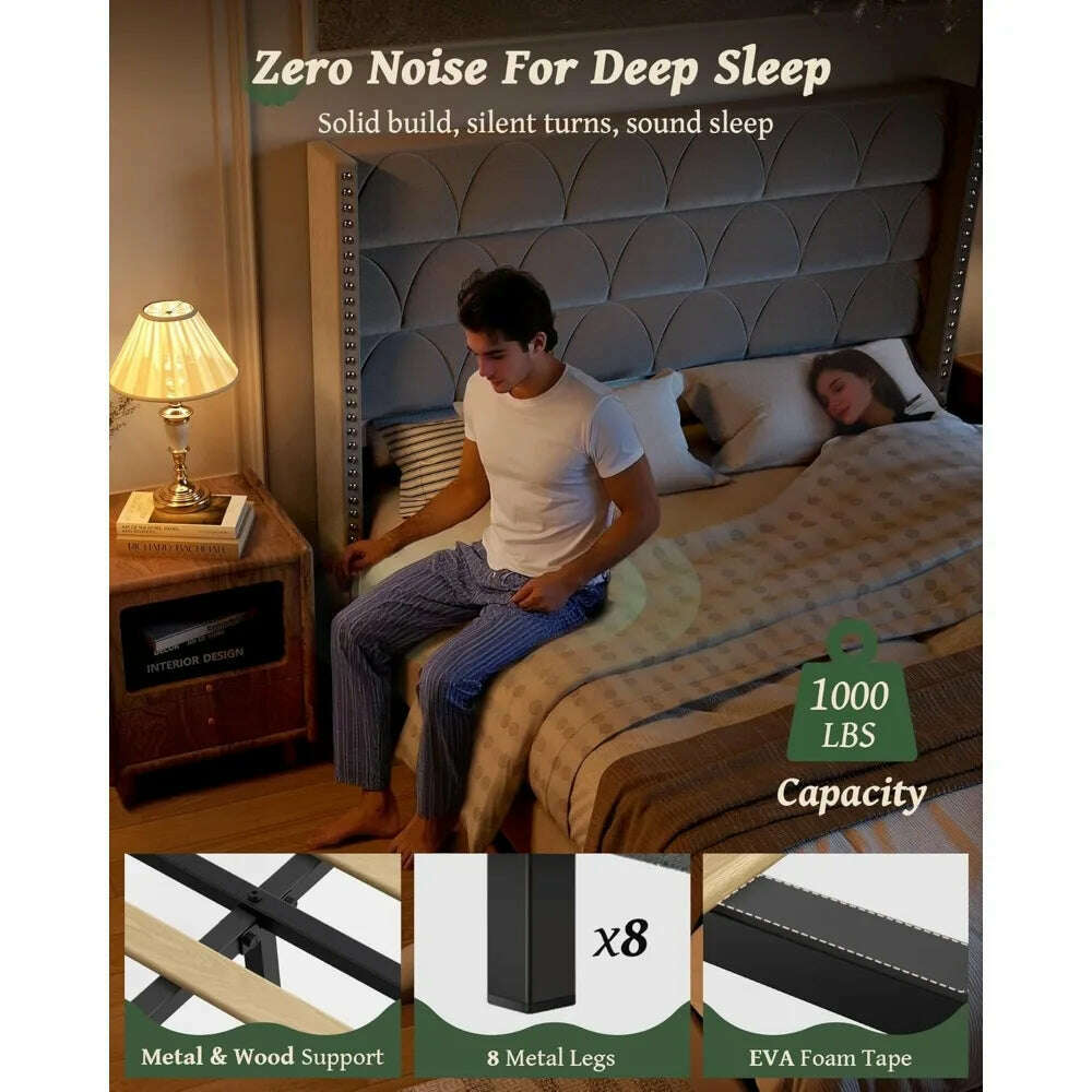 KIMLUD, Bed Frame with -1000LBS Capacity Support, Velvet Upholstered Wingback Platform Bed Frame, Noise Free, Sturdy Wooden Slat Support, KIMLUD Womens Clothes