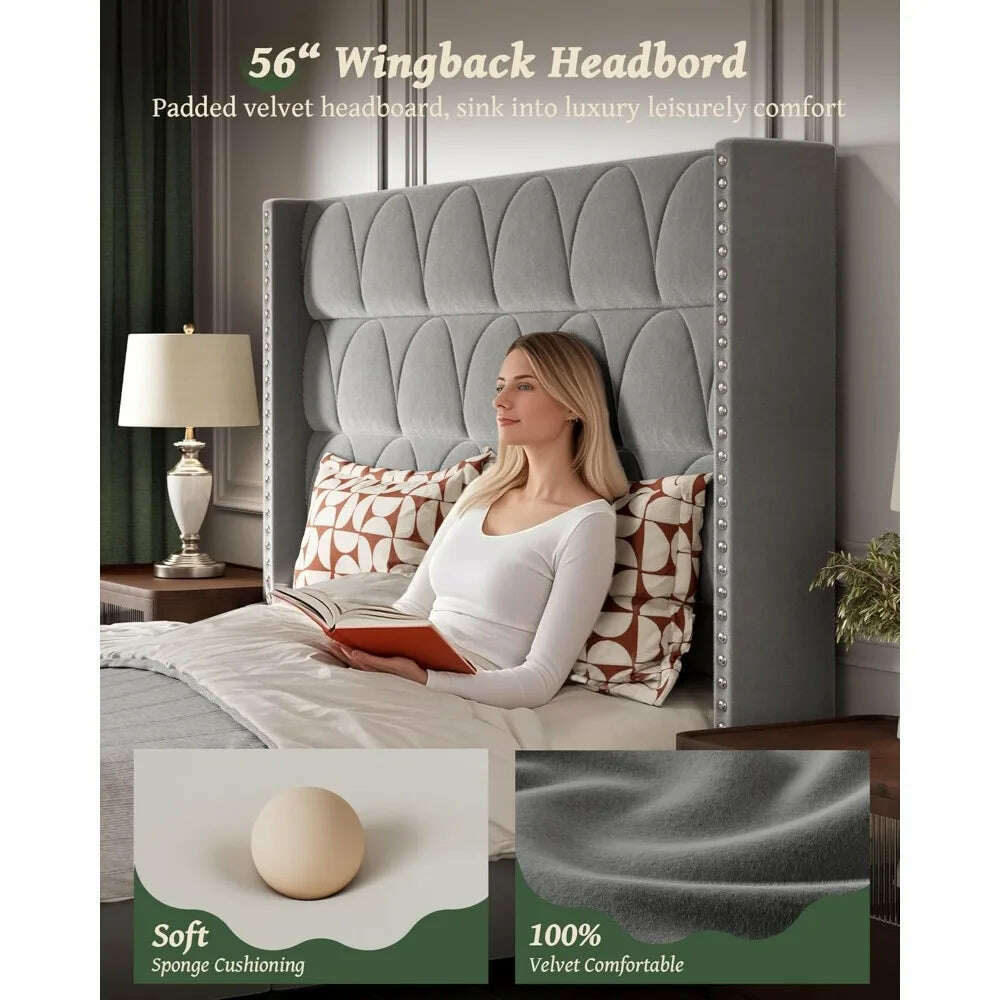 KIMLUD, Bed Frame with -1000LBS Capacity Support, Velvet Upholstered Wingback Platform Bed Frame, Noise Free, Sturdy Wooden Slat Support, KIMLUD Womens Clothes