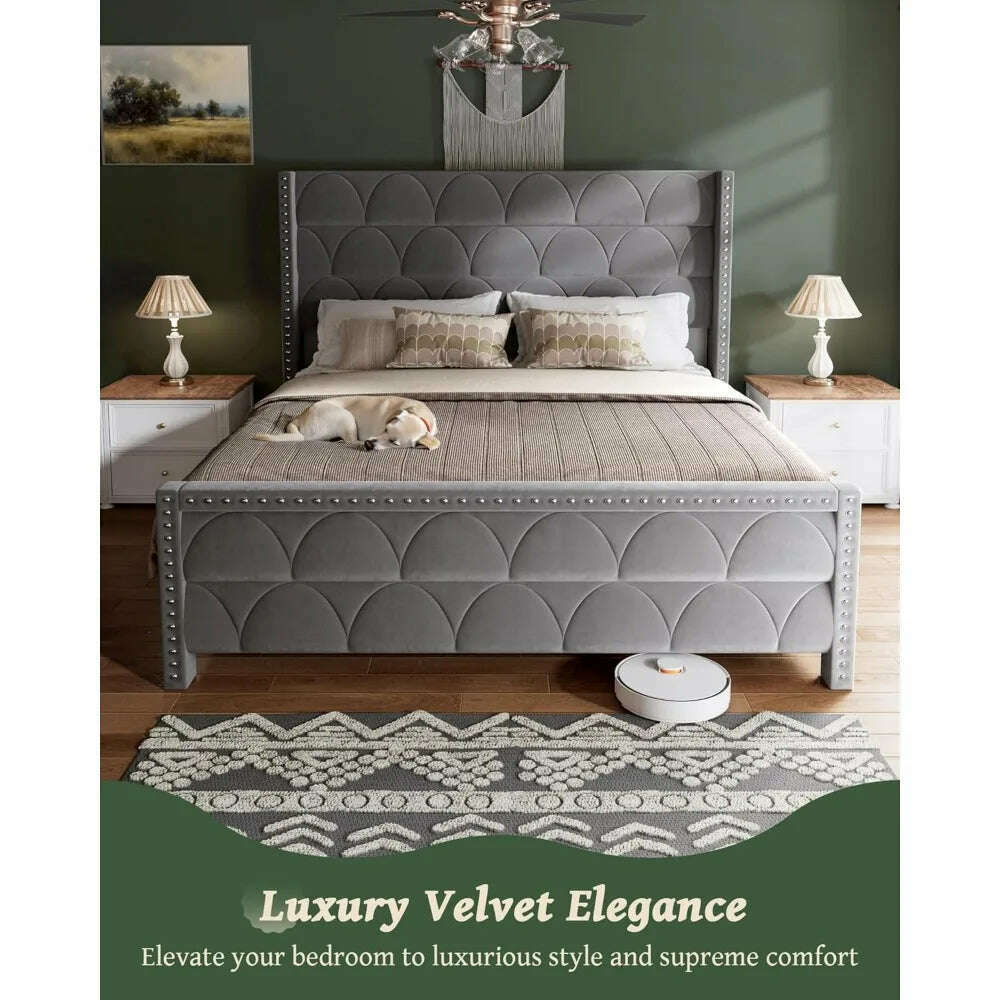 KIMLUD, Bed Frame with -1000LBS Capacity Support, Velvet Upholstered Wingback Platform Bed Frame, Noise Free, Sturdy Wooden Slat Support, KIMLUD Womens Clothes