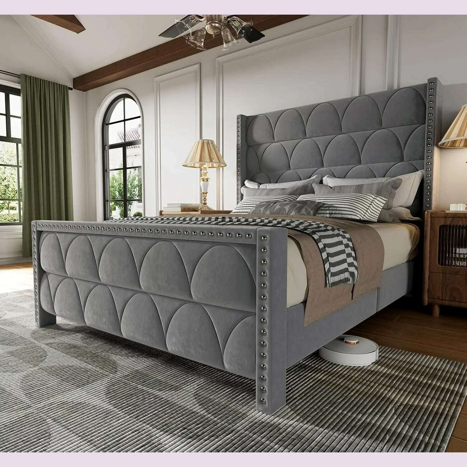 KIMLUD, Bed Frame with -1000LBS Capacity Support, Velvet Upholstered Wingback Platform Bed Frame, Noise Free, Sturdy Wooden Slat Support, Deep Gray / United States / King, KIMLUD APPAREL - Womens Clothes