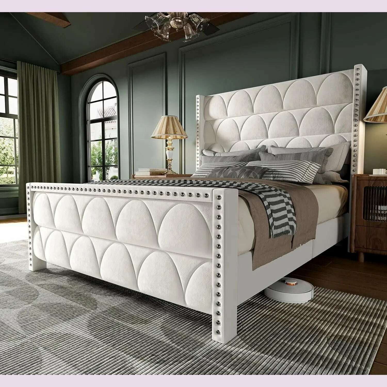 KIMLUD, Bed Frame with -1000LBS Capacity Support, Velvet Upholstered Wingback Platform Bed Frame, Noise Free, Sturdy Wooden Slat Support, Cream / United States / King, KIMLUD APPAREL - Womens Clothes