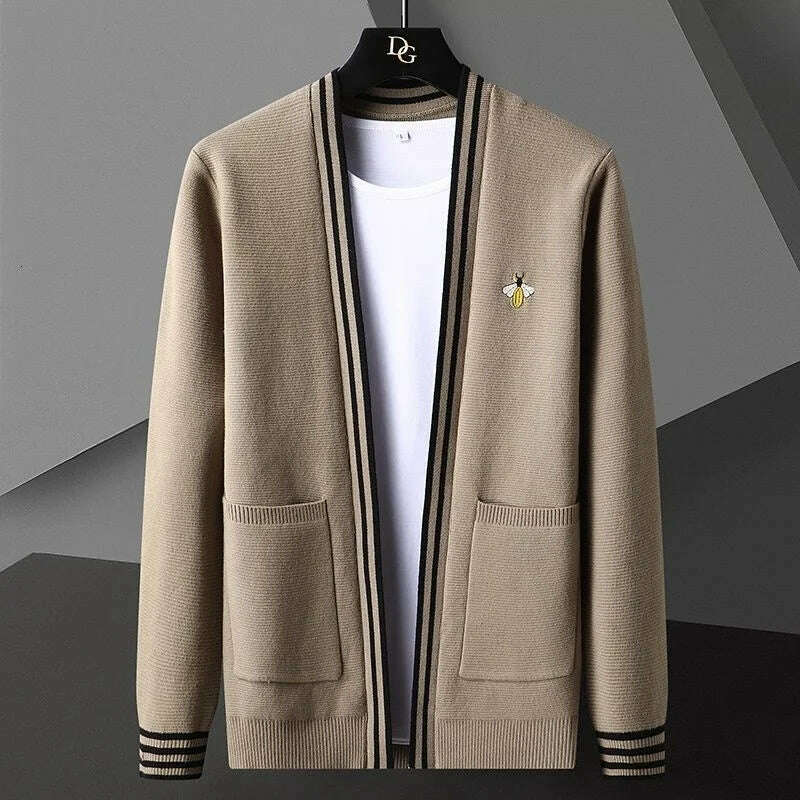 KIMLUD, Bee Embroidery Men&#39;s Sweater Cardigan Korean Casual Coat Elegant Men Sweater 2021 Autumn Coat Trend Abrigo Hombre Men Clothing, Khaki / EU XS 52-60kg T0, KIMLUD Womens Clothes