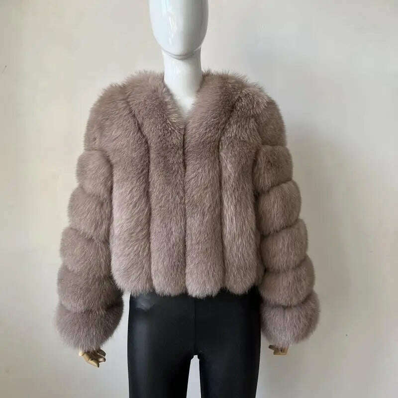 KIMLUD, BEIZIRU Real Fox Fur Coat V-Neck Winter Woman Natural Warm Fashion Luxury Girls Ustom Made, khaki / M(45-47kg), KIMLUD Womens Clothes