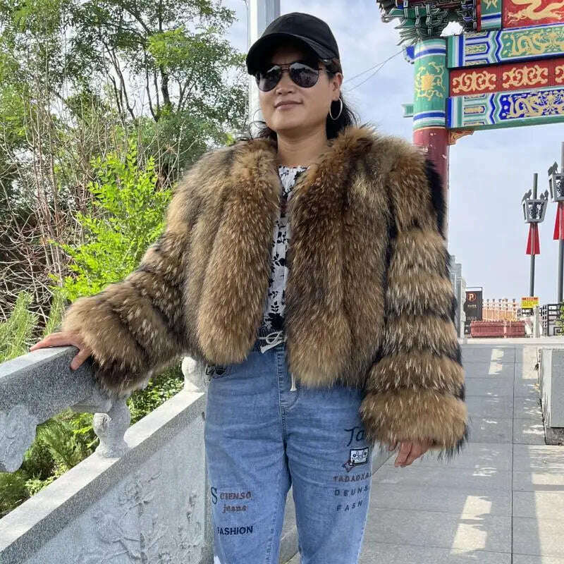 KIMLUD, BEIZIRU Real Fox Fur Coat V-Neck Winter Woman Natural Warm Fashion Luxury Girls Ustom Made, raxccoon / 5XL(72-77kg), KIMLUD Womens Clothes