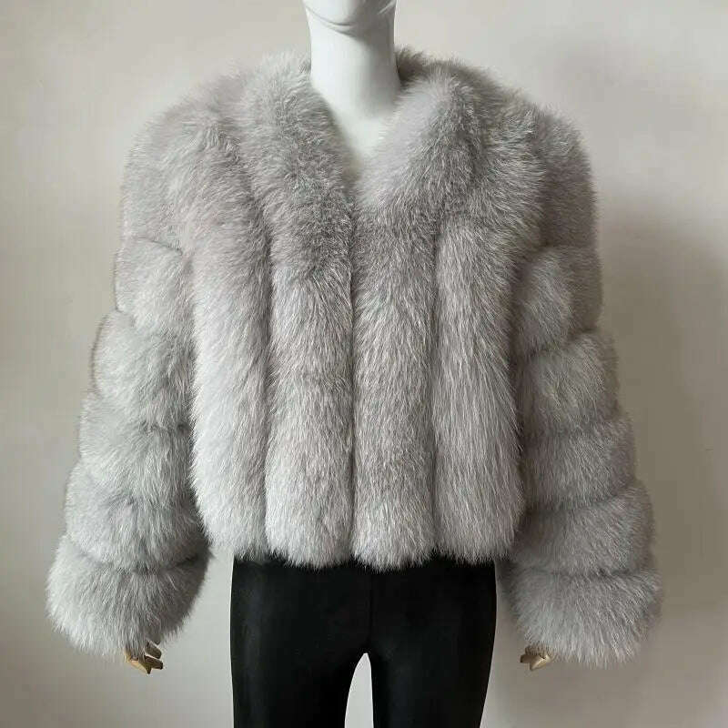 KIMLUD, BEIZIRU Real Fox Fur Coat V-Neck Winter Woman Natural Warm Fashion Luxury Girls Ustom Made, light gray / M(45-47kg), KIMLUD Womens Clothes