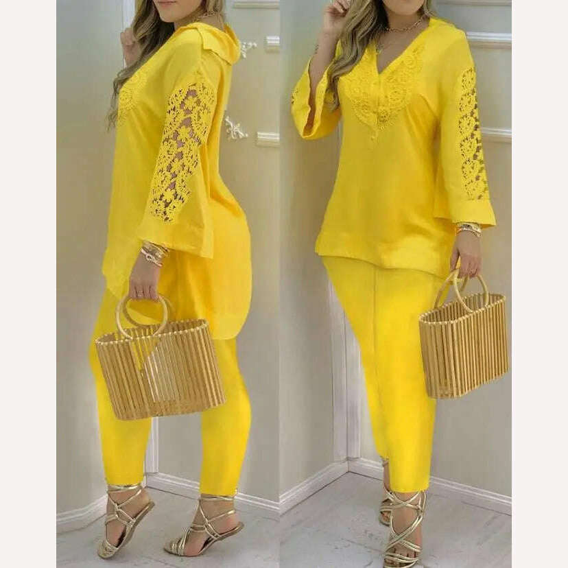 KIMLUD, Bell Sleeve V-Neck Casual Top & Pants Set Two Piece Sets Womens Outifits 2022 Summer Female Fashion Casual Suit, C / S, KIMLUD Womens Clothes