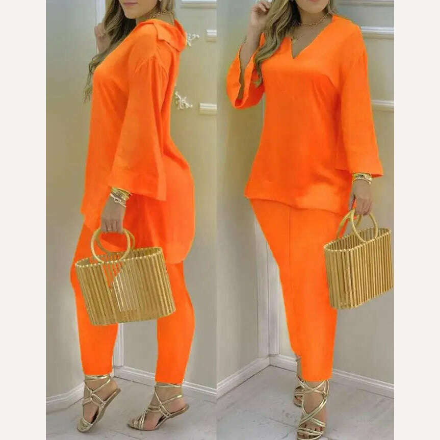 KIMLUD, Bell Sleeve V-Neck Casual Top & Pants Set Two Piece Sets Womens Outifits 2022 Summer Female Fashion Casual Suit, A / S, KIMLUD Womens Clothes