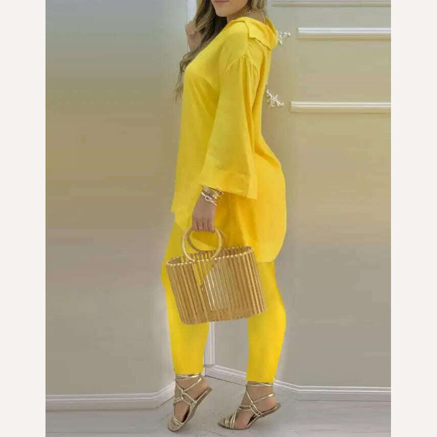 KIMLUD, Bell Sleeve V-Neck Casual Top & Pants Set Two Piece Sets Womens Outifits 2022 Summer Female Fashion Casual Suit, KIMLUD Womens Clothes
