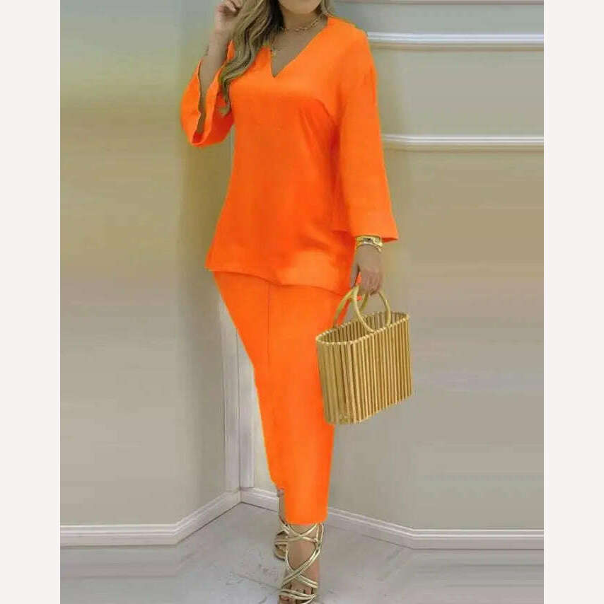 KIMLUD, Bell Sleeve V-Neck Casual Top & Pants Set Two Piece Sets Womens Outifits 2022 Summer Female Fashion Casual Suit, KIMLUD Womens Clothes