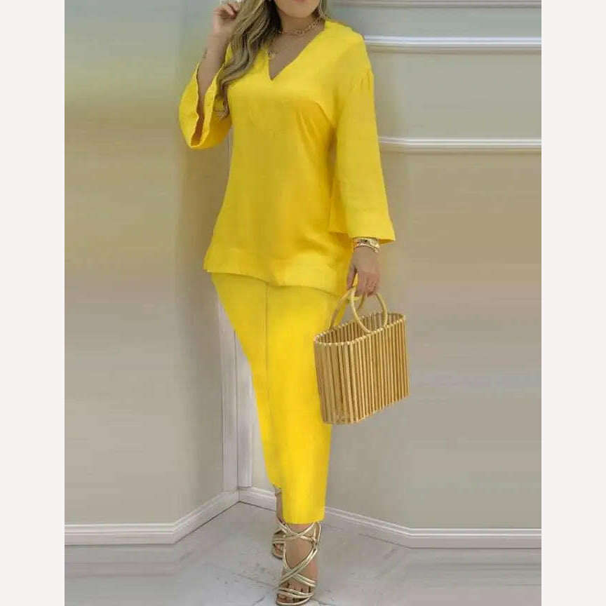 KIMLUD, Bell Sleeve V-Neck Casual Top & Pants Set Two Piece Sets Womens Outifits 2022 Summer Female Fashion Casual Suit, KIMLUD Womens Clothes