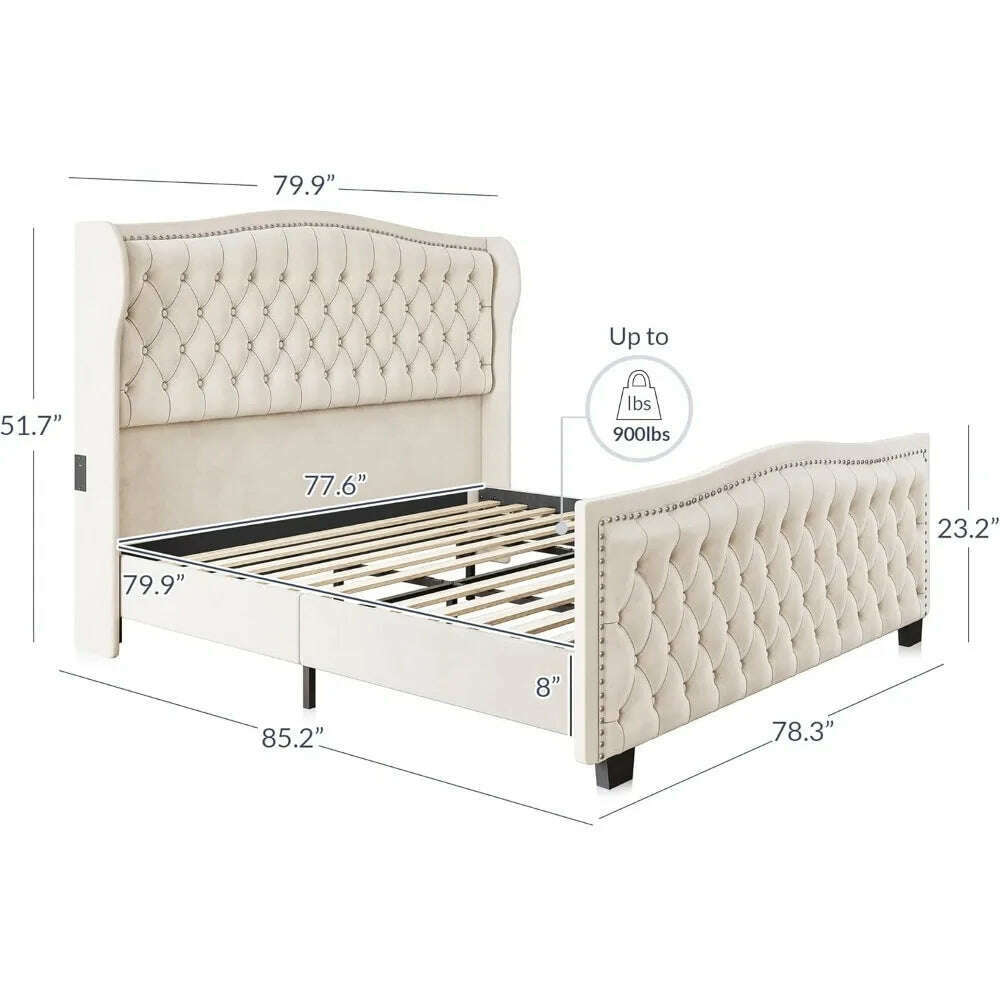 KIMLUD, BELLEZE Upholstered Velvet King Platform Bed Frame with Deep Button Tufted Headboard, Charging Port - Oslo (Beige), KIMLUD Womens Clothes