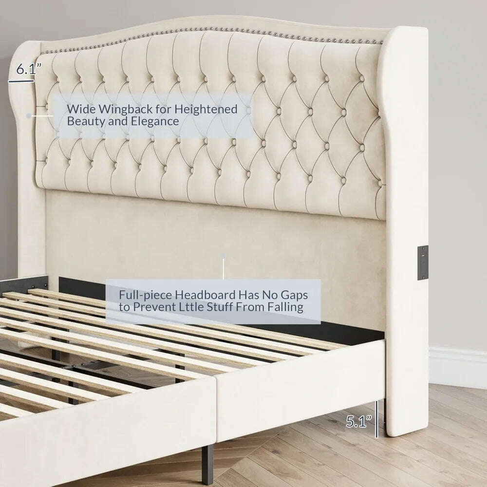 KIMLUD, BELLEZE Upholstered Velvet King Platform Bed Frame with Deep Button Tufted Headboard, Charging Port - Oslo (Beige), KIMLUD Womens Clothes