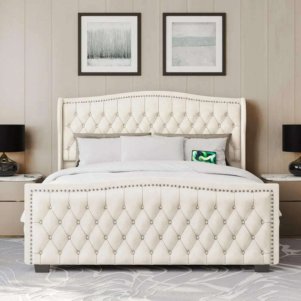 KIMLUD, BELLEZE Upholstered Velvet King Platform Bed Frame with Deep Button Tufted Headboard, Charging Port - Oslo (Beige), KIMLUD Womens Clothes