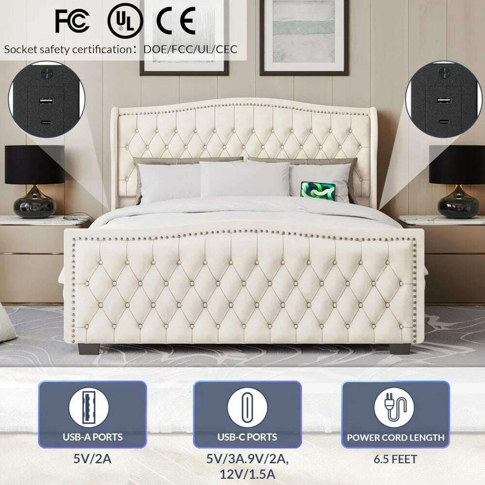 KIMLUD, BELLEZE Upholstered Velvet King Platform Bed Frame with Deep Button Tufted Headboard, Charging Port - Oslo (Beige), KIMLUD Womens Clothes