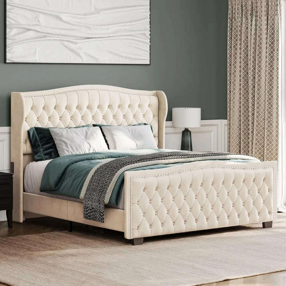 KIMLUD, BELLEZE Upholstered Velvet King Platform Bed Frame with Deep Button Tufted Headboard, Charging Port - Oslo (Beige), KIMLUD Womens Clothes