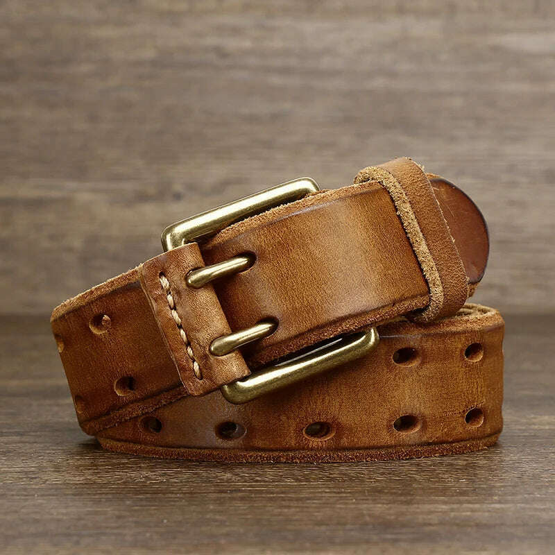 KIMLUD, Belt For Men Leather Work Heavy Duty Double Buckles Dlawed Genuine Leather 3.8cm Male Copper Buckle Retro Brown Men's Belt, khaki / 105CM, KIMLUD Womens Clothes