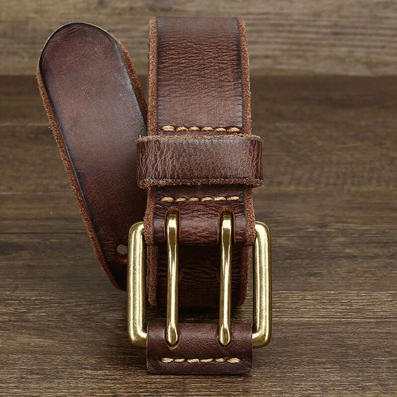 KIMLUD, Belt For Men Leather Work Heavy Duty Double Buckles Dlawed Genuine Leather 3.8cm Male Copper Buckle Retro Brown Men's Belt, KIMLUD Womens Clothes