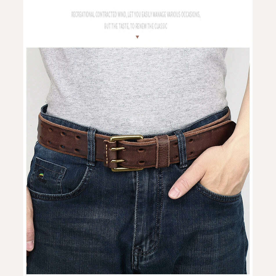 KIMLUD, Belt For Men Leather Work Heavy Duty Double Buckles Dlawed Genuine Leather 3.8cm Male Copper Buckle Retro Brown Men's Belt, KIMLUD Womens Clothes