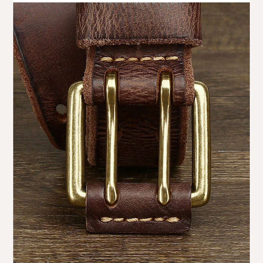KIMLUD, Belt For Men Leather Work Heavy Duty Double Buckles Dlawed Genuine Leather 3.8cm Male Copper Buckle Retro Brown Men's Belt, KIMLUD Womens Clothes