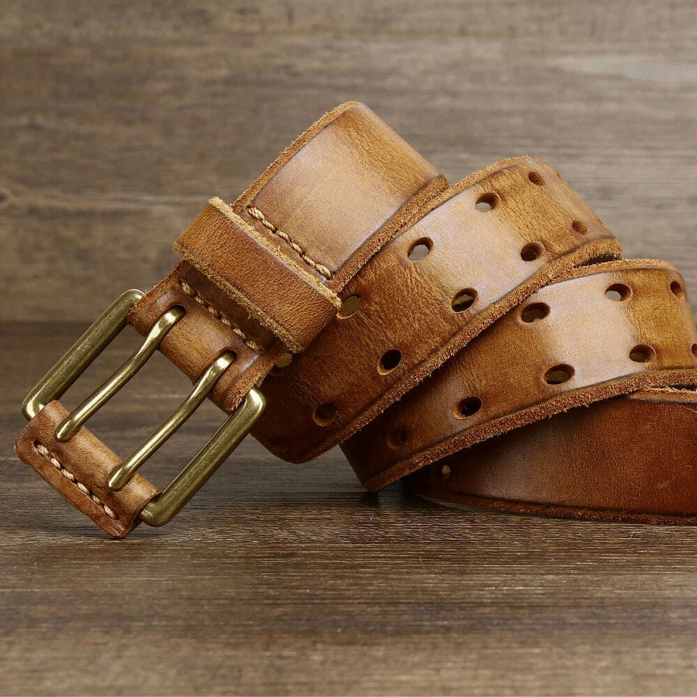 KIMLUD, Belt For Men Leather Work Heavy Duty Double Buckles Dlawed Genuine Leather 3.8cm Male Copper Buckle Retro Brown Men's Belt, KIMLUD Womens Clothes