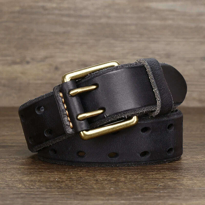 KIMLUD, Belt For Men Leather Work Heavy Duty Double Buckles Dlawed Genuine Leather 3.8cm Male Copper Buckle Retro Brown Men's Belt, black / 105CM, KIMLUD Womens Clothes