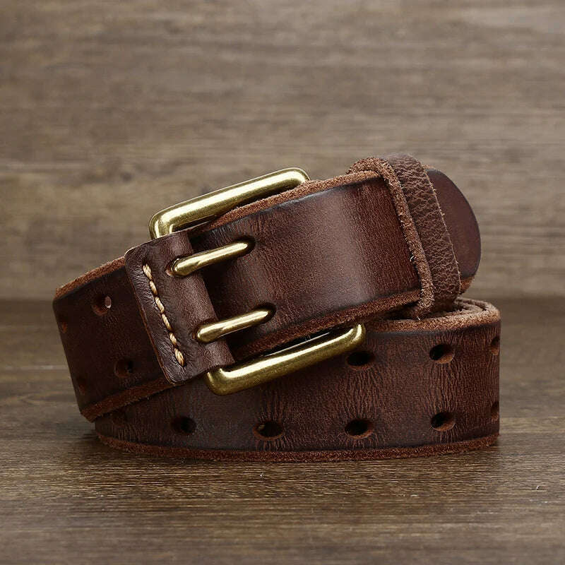 KIMLUD, Belt For Men Leather Work Heavy Duty Double Buckles Dlawed Genuine Leather 3.8cm Male Copper Buckle Retro Brown Men's Belt, coffee / 105CM, KIMLUD Womens Clothes