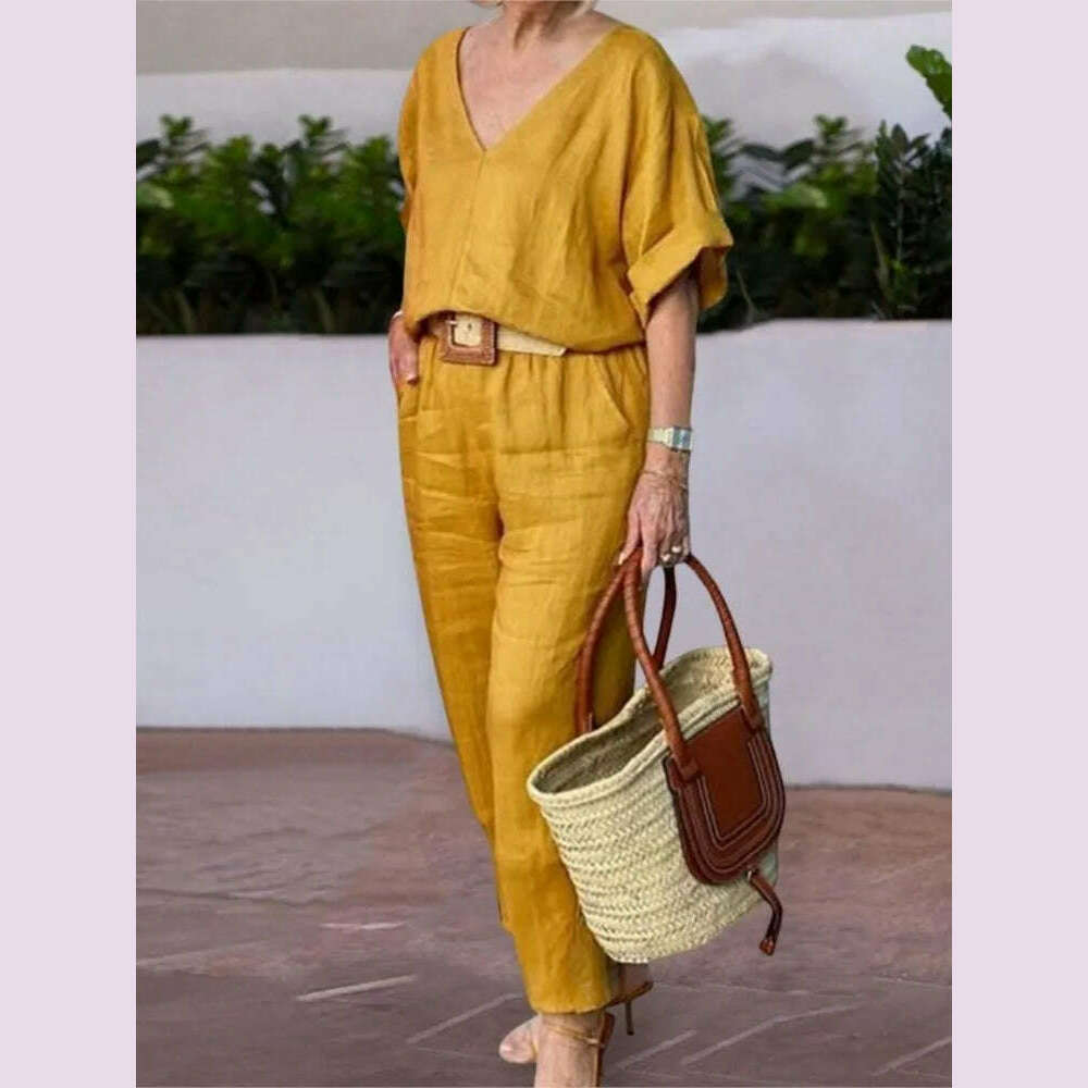 KIMLUD, Beltless V-neck Short-sleeved Top + Nine-point Pants 2-piece Set For Women Fashion Summer Solid Color Loose Office Suit Female, KIMLUD Womens Clothes