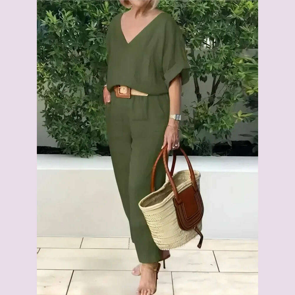 KIMLUD, Beltless V-neck Short-sleeved Top + Nine-point Pants 2-piece Set For Women Fashion Summer Solid Color Loose Office Suit Female, KIMLUD Womens Clothes