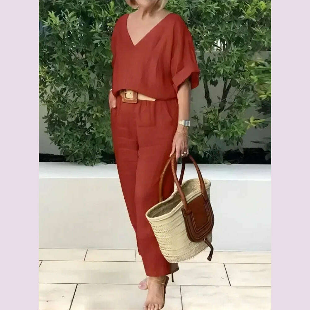 KIMLUD, Beltless V-neck Short-sleeved Top + Nine-point Pants 2-piece Set For Women Fashion Summer Solid Color Loose Office Suit Female, KIMLUD Womens Clothes