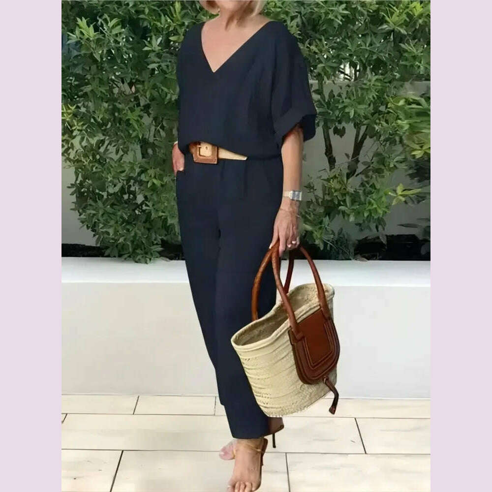 KIMLUD, Beltless V-neck Short-sleeved Top + Nine-point Pants 2-piece Set For Women Fashion Summer Solid Color Loose Office Suit Female, KIMLUD Womens Clothes