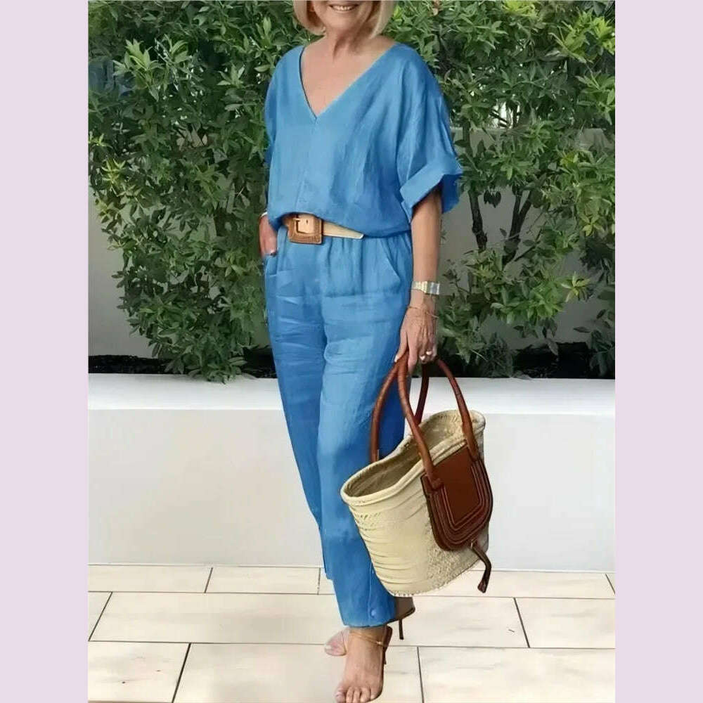 KIMLUD, Beltless V-neck Short-sleeved Top + Nine-point Pants 2-piece Set For Women Fashion Summer Solid Color Loose Office Suit Female, KIMLUD Womens Clothes