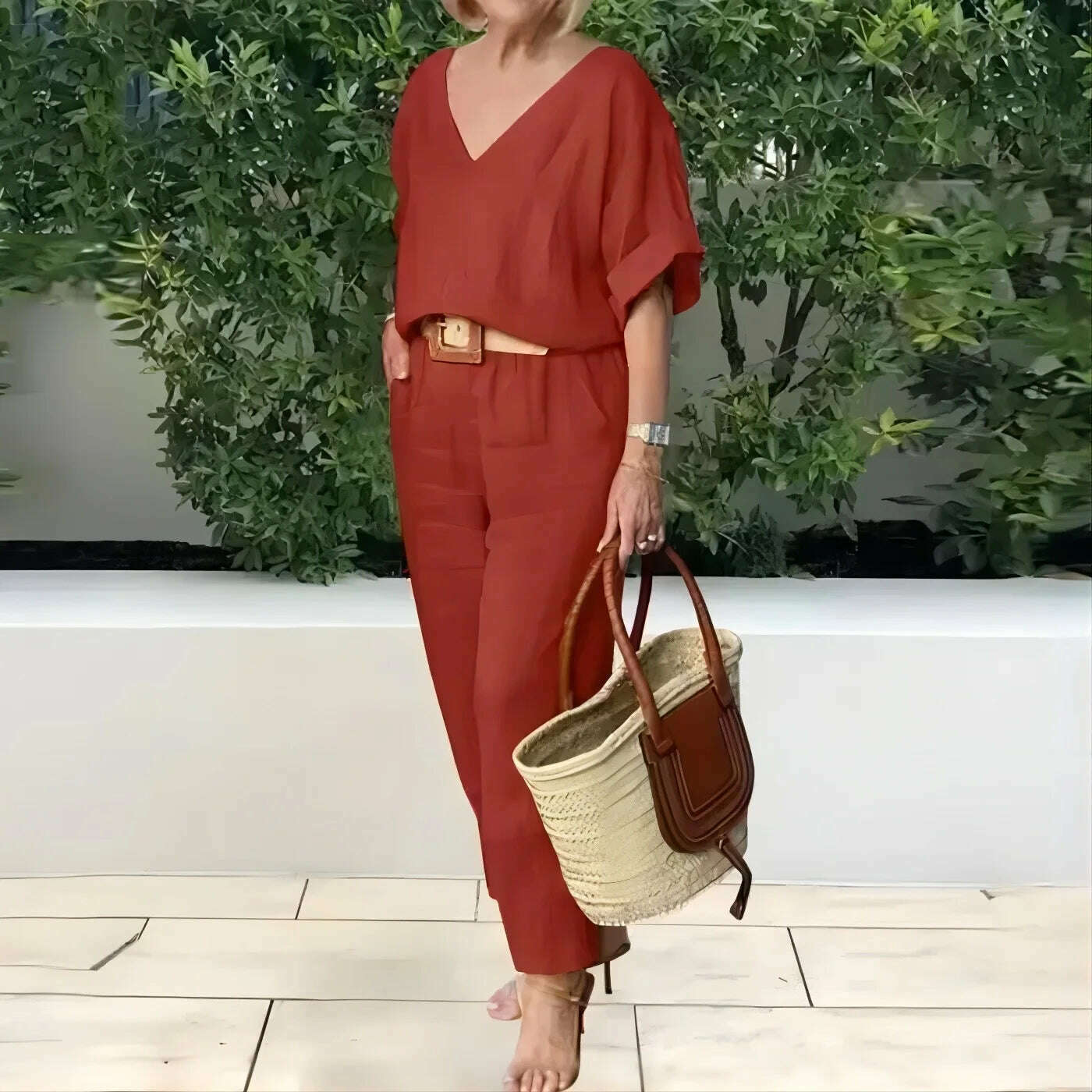 KIMLUD, Beltless V-neck Short-sleeved Top + Nine-point Pants 2-piece Set For Women Fashion Summer Solid Color Loose Office Suit Female, Burgundy / XXXL, KIMLUD APPAREL - Womens Clothes