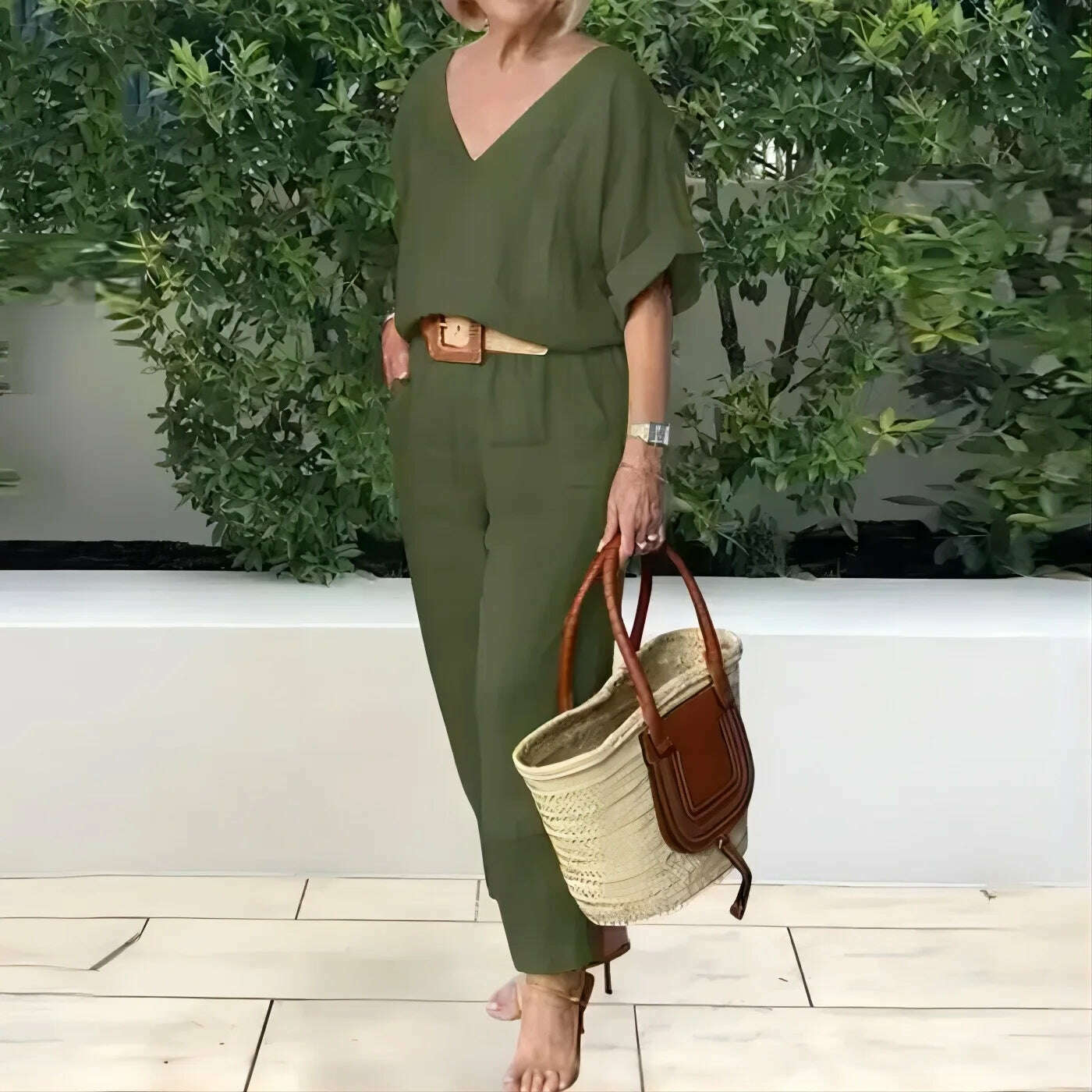 KIMLUD, Beltless V-neck Short-sleeved Top + Nine-point Pants 2-piece Set For Women Fashion Summer Solid Color Loose Office Suit Female, army green / XL, KIMLUD APPAREL - Womens Clothes