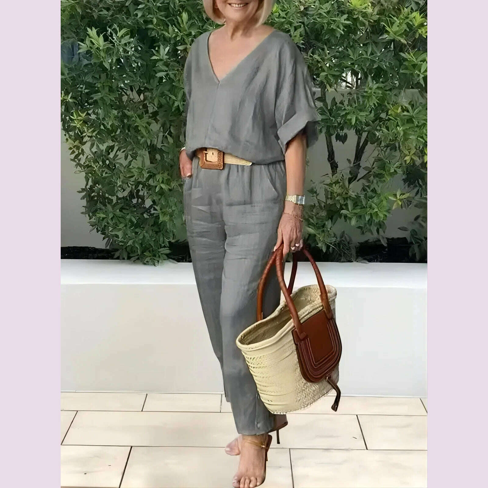 KIMLUD, Beltless V-neck Short-sleeved Top + Nine-point Pants 2-piece Set For Women Fashion Summer Solid Color Loose Office Suit Female, GRAY / XXXL, KIMLUD APPAREL - Womens Clothes