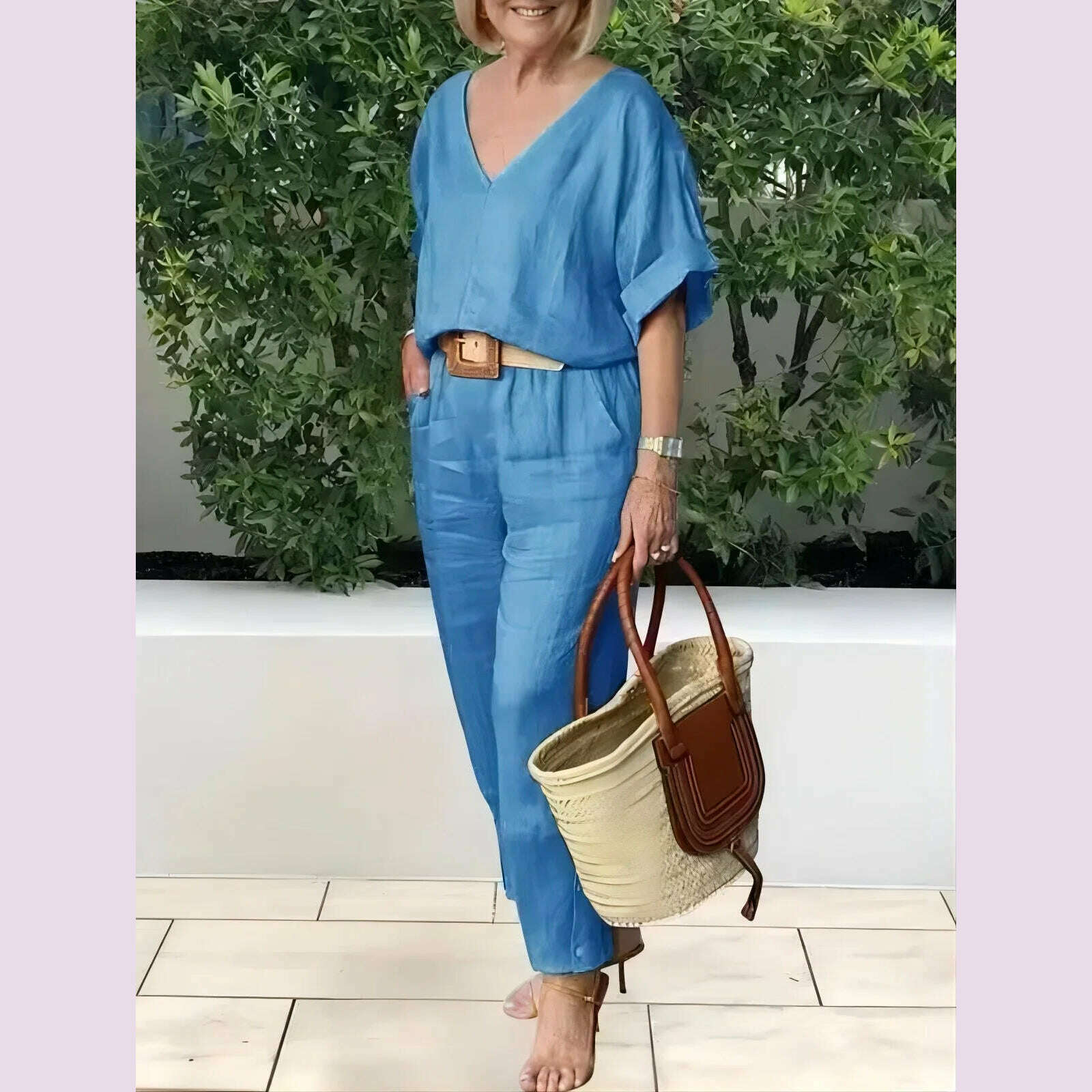 KIMLUD, Beltless V-neck Short-sleeved Top + Nine-point Pants 2-piece Set For Women Fashion Summer Solid Color Loose Office Suit Female, Blue / M, KIMLUD APPAREL - Womens Clothes