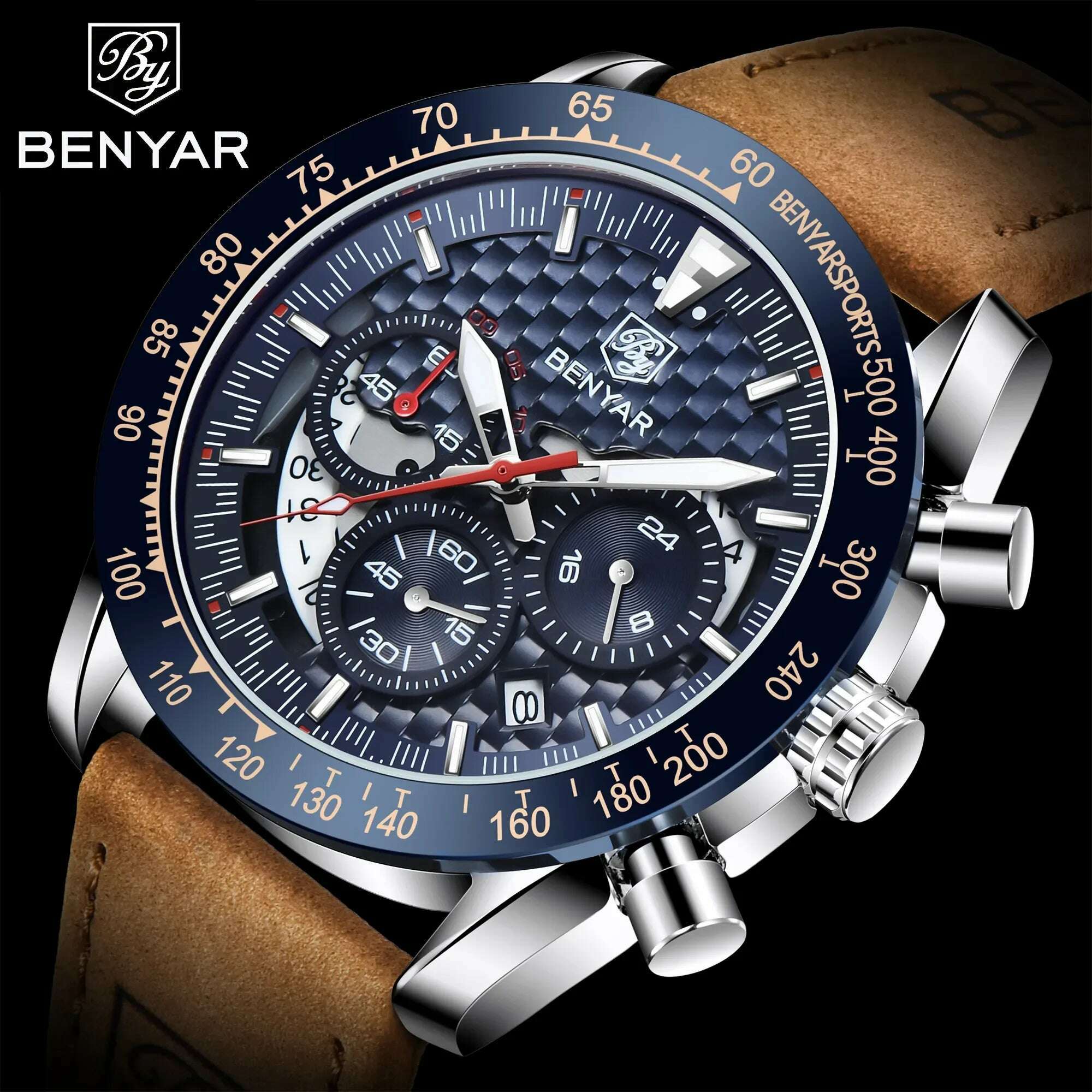 KIMLUD, BENYAR Top Brand New Men Watches Leather Strap Luxury Waterproof Sport Quartz Chronograph Military Watch Men Clock Reloj Hombre, KIMLUD Womens Clothes